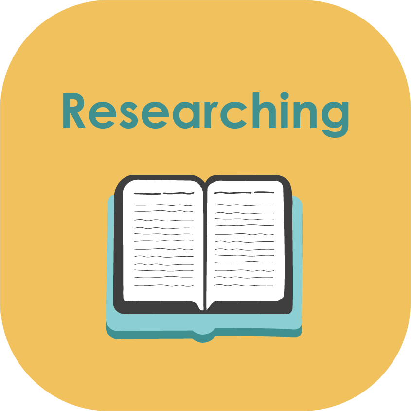 Icon of open book and the word "researching"