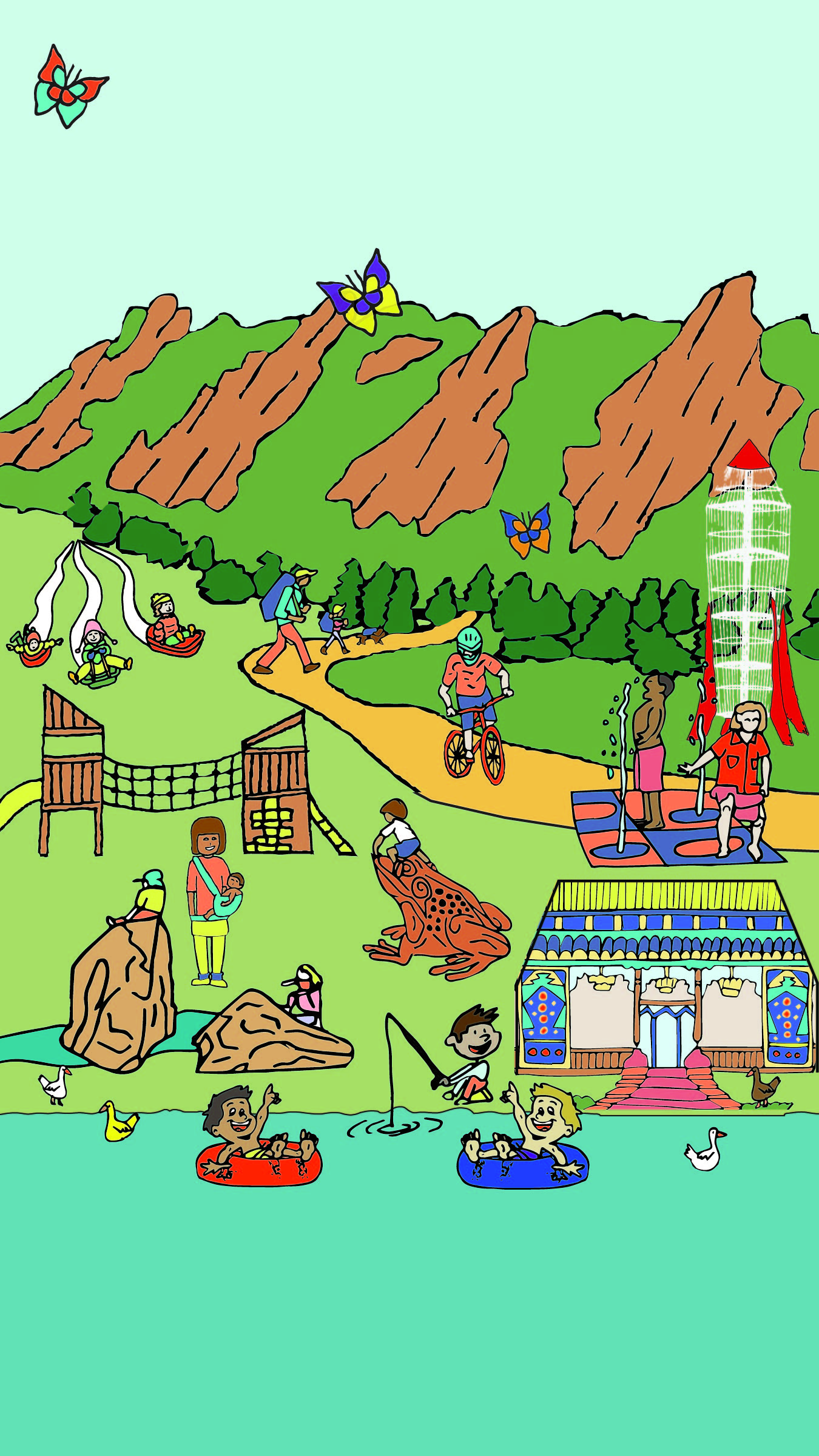 A section of Boulder's Child-Friendly City Map: children tubing, fishing, climbing and biking below the Flatirons, drawn by young people.